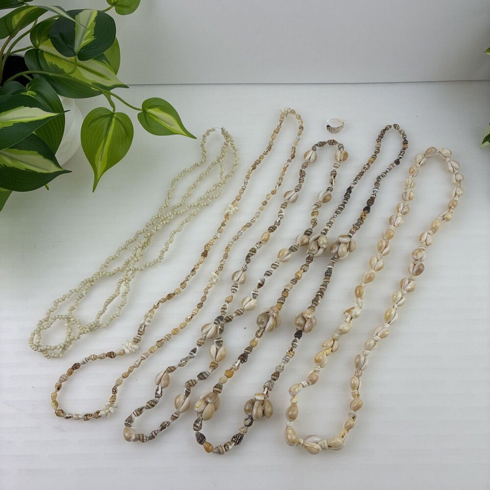 Vtg Shell Ring & Necklaces Cowrie Tiki 16” Lei Boho Beach Wedding Set Minimalist